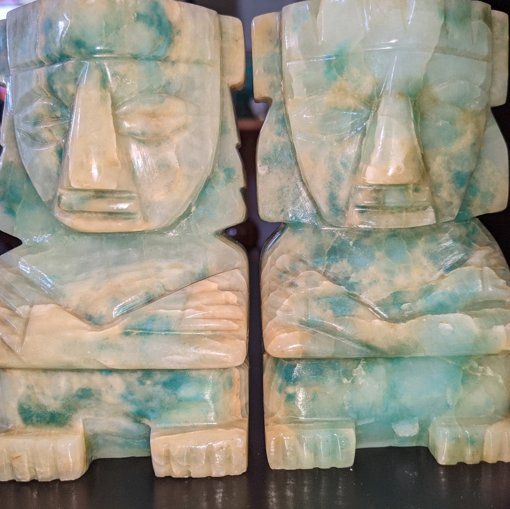 Hand-carved vintage Aztec Mayan Jade bookends